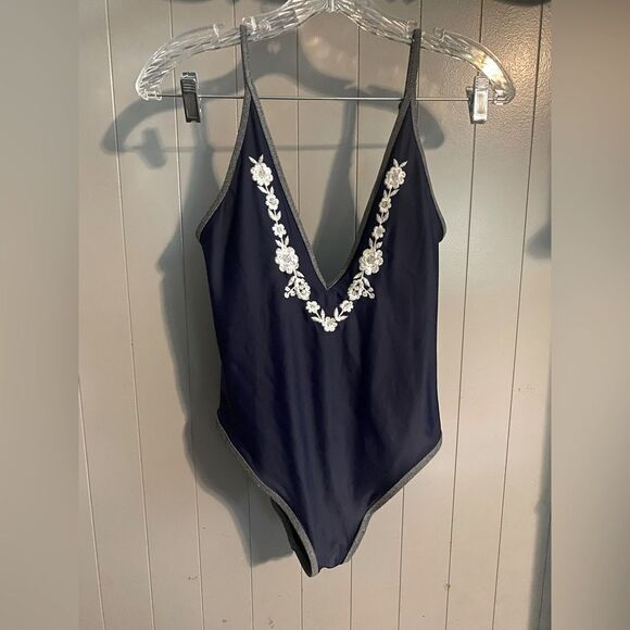 Aerie Navy Blue /Floral Embroidered plunge one piece swimsuit - Picture 1 of 3